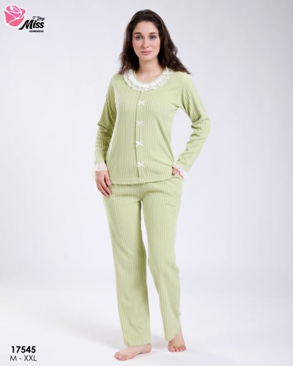 Rose Miss Pyjama côtelé col dentelle – Réf 17545 – Vert anis