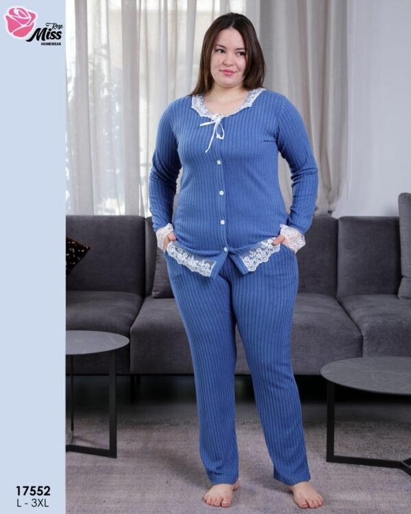 Rose Miss Pyjama côtelé boutonné dentelle – Réf 17552 – Bleu