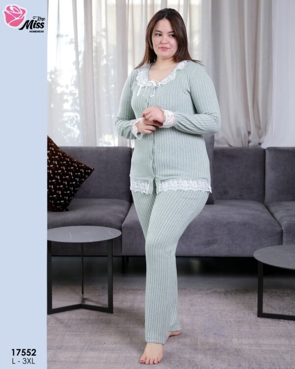 Rose Miss Pyjama côtelé boutonné dentelle – Réf 17552 – Vert d'eau