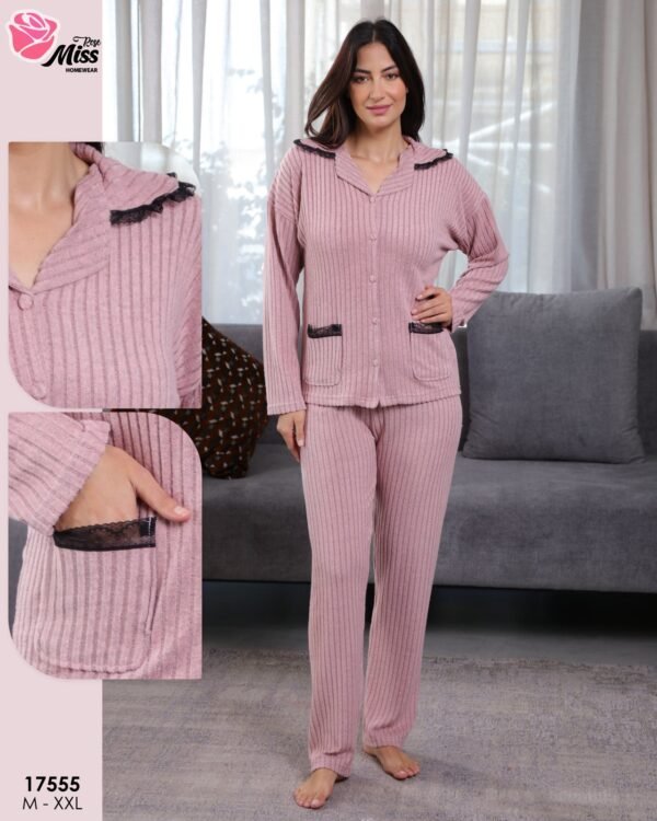 Rose Miss Pyjama côtelé chemise dentelle – Réf 17555 – Vieux rose