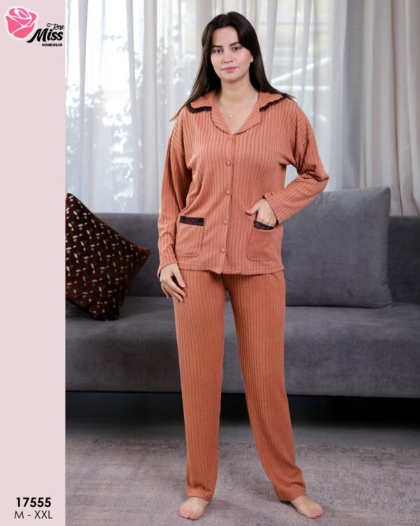 Rose Miss Pyjama côtelé chemise dentelle – Réf 17555 – Rouille