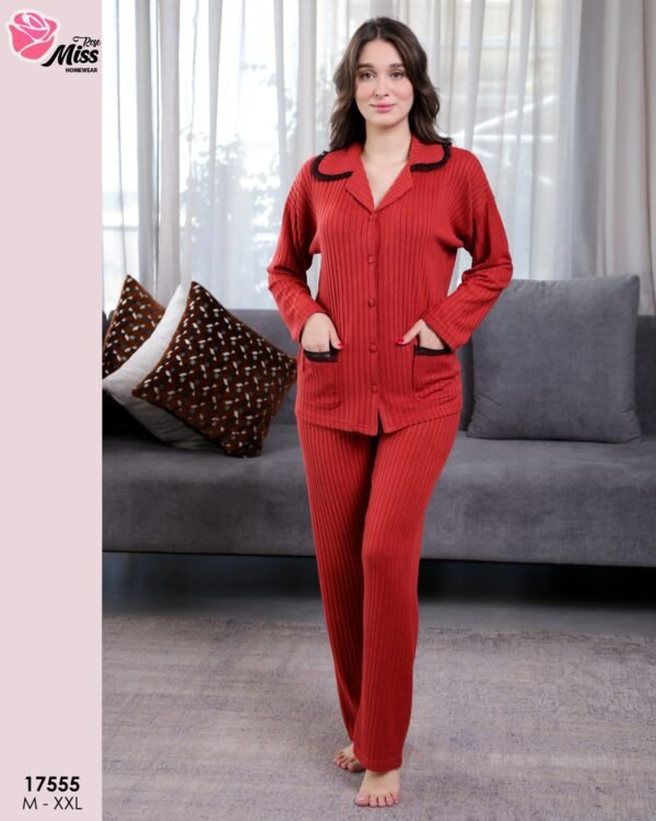Rose Miss Pyjama côtelé chemise dentelle – Réf 17555 – Rouge
