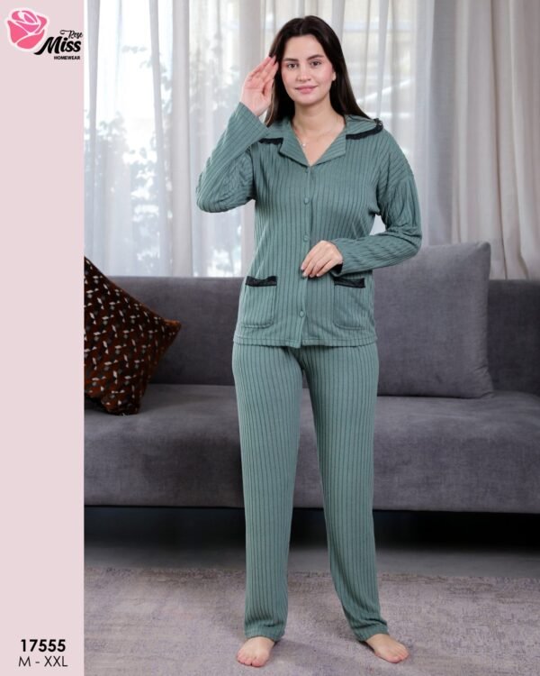 Rose Miss Pyjama côtelé chemise dentelle – Réf 17555 – Vert pétrole