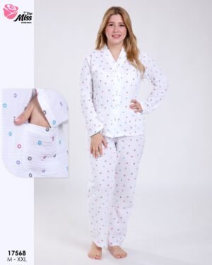 Rose Miss Pyjama boutonné imprimé pois – Réf 17568 – Blanc pois multicolores