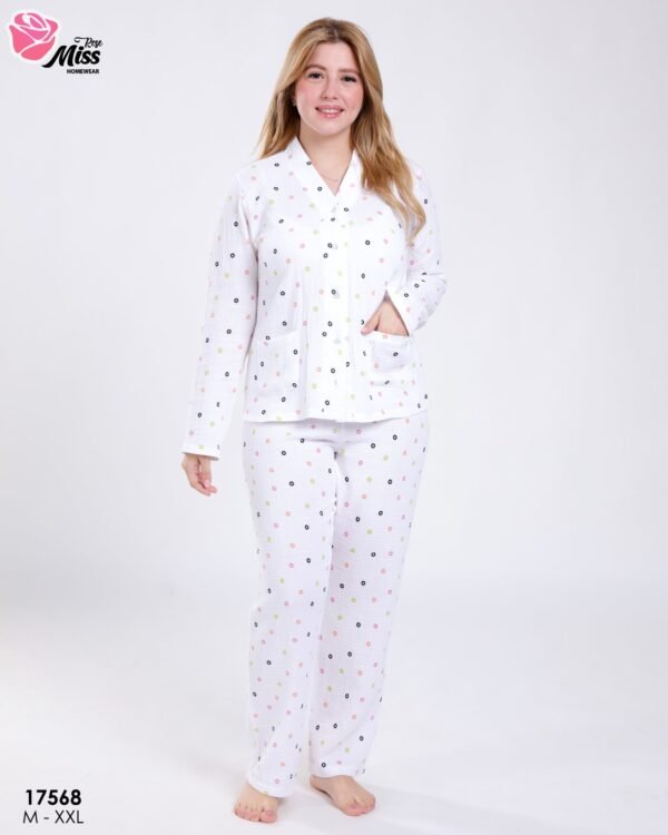 Rose Miss Pyjama boutonné imprimé pois – Réf 17568 – Blanc pois gris