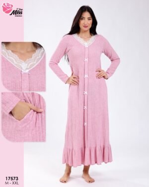 Rose Miss Chemise de nuit longue côtelée boutonnée – Réf 17573 – Rose
