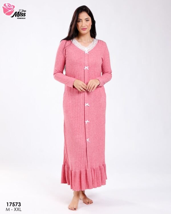 Rose Miss Chemise de nuit longue côtelée boutonnée – Réf 17573 – Corail Rose Miss Chemise de nuit longue côtelée boutonnée – Réf 17573 – Corail