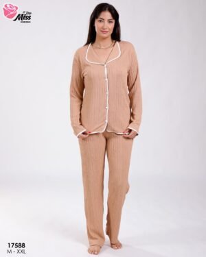 Rose Miss Pyjama chemise passepoilé – Réf 17588 – Camel