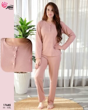 Rose Miss Pyjama côtelé col tunisien – Réf 17645 – Vieux rose