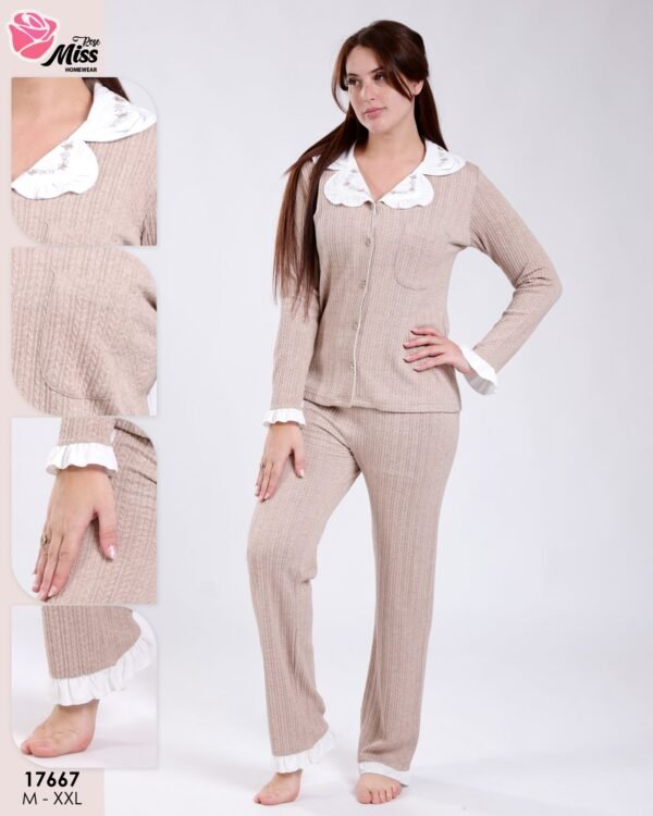 Rose Miss Pyjama côtelé col claudine – Réf 17667 – Beige