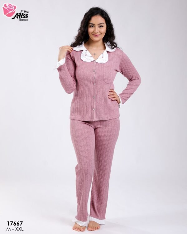 Rose Miss Pyjama côtelé col claudine – Réf 17667 – Vieux rose