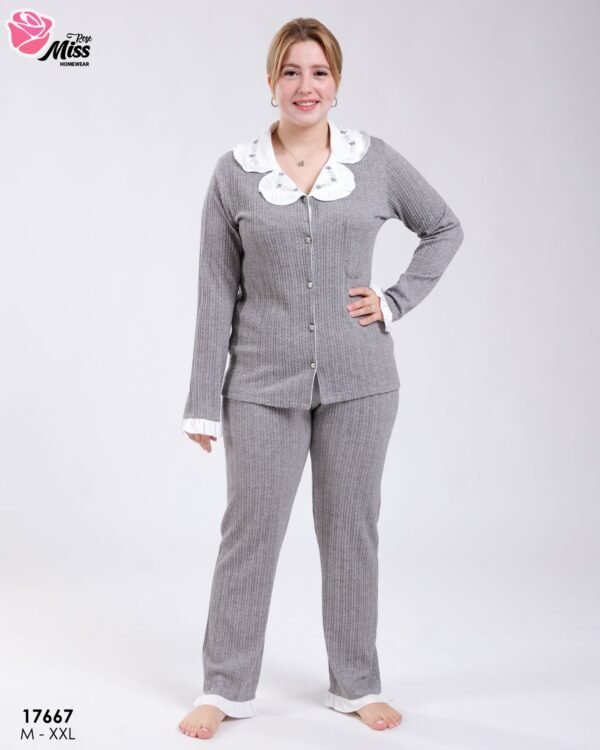 Rose Miss Pyjama côtelé col claudine – Réf 17667 – Gris