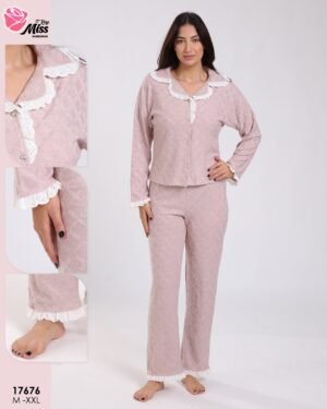 Rose Miss Pyjama boutonné matelassé broderie anglaise – Réf 17676 – Vieux rose