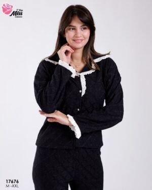 Rose Miss Pyjama boutonné matelassé broderie anglaise – Réf 17676 – Noir