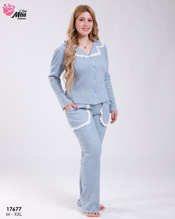 Rose Miss Pyjama côtelé col volanté – Réf 17677 – Bleu ciel Rose Miss Pyjama côtelé col volanté – Réf 17677 – Bleu ciel