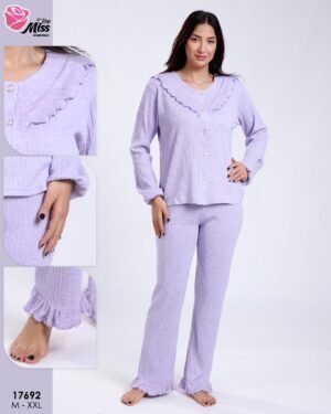 Rose Miss Pyjama côtelé col volanté – Réf 17692 – Lilas
