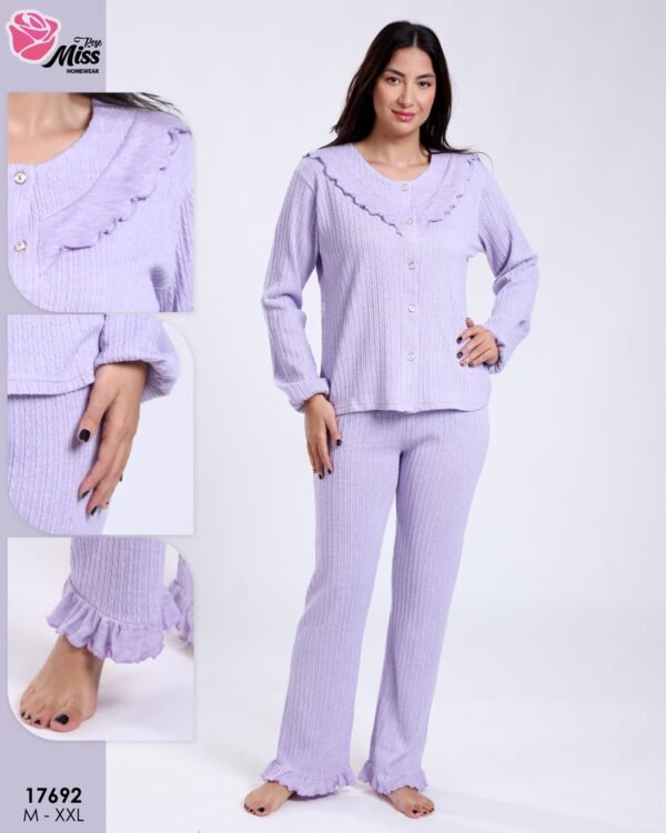 Rose Miss Pyjama côtelé col volanté – Réf 17692 – Lilas