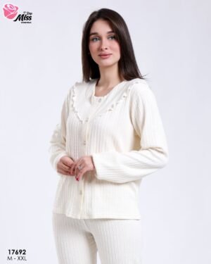 Rose Miss Pyjama côtelé col volanté – Réf 17692 – Écru