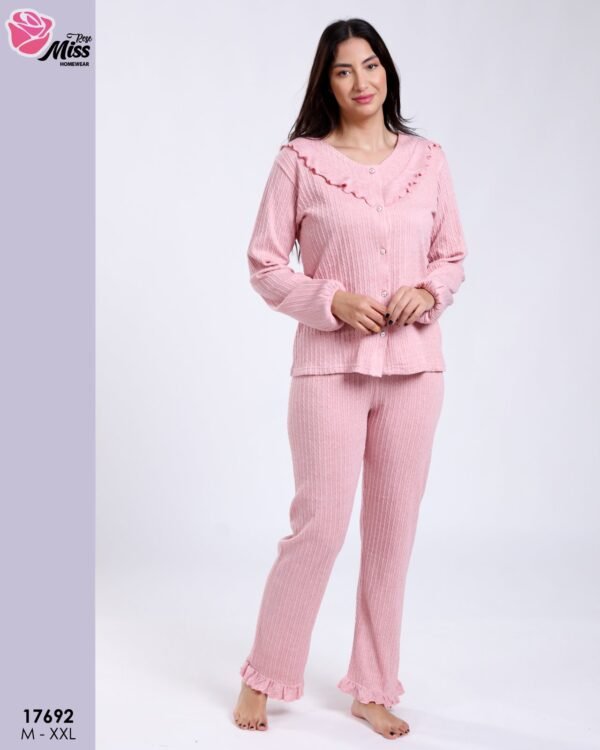 Rose Miss Pyjama côtelé col volanté – Réf 17692 – Rose
