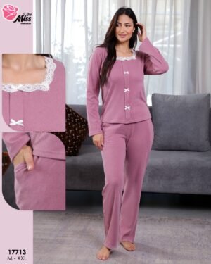 Rose Miss Pyjama côtelé col carré dentelle – Réf 17713 – Mauve