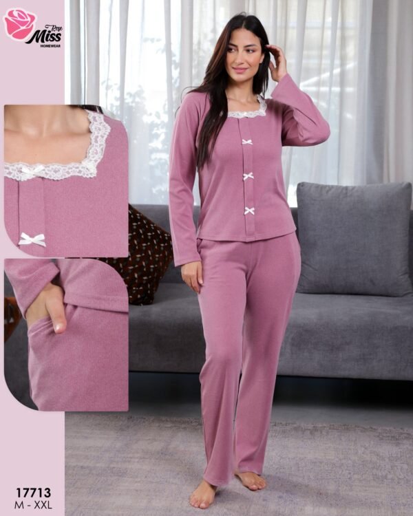 Rose Miss Pyjama côtelé col carré dentelle – Réf 17713 – Mauve