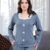 Rose Miss Pyjama côtelé col carré dentelle – Réf 17713 – Bleu gris