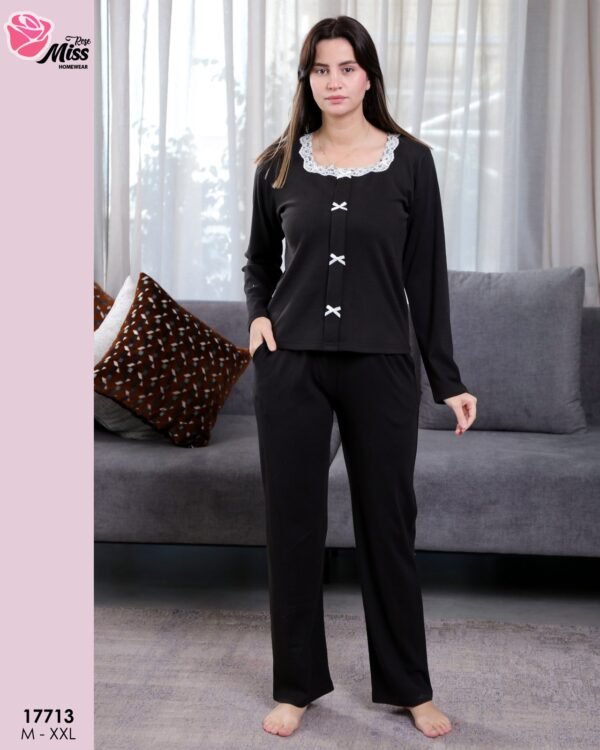 Rose Miss Pyjama côtelé col carré dentelle – Réf 17713 – Noir