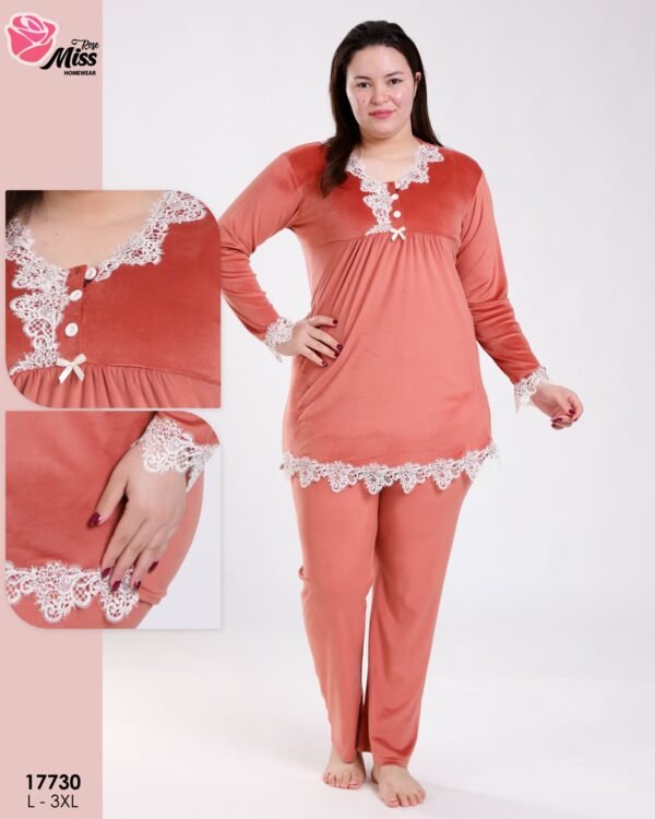 Rose Miss Pyjama velours tunique dentelle – Réf 17730 – Corail