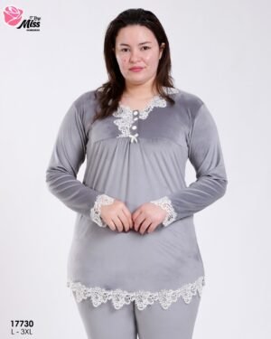 Rose Miss Pyjama velours tunique dentelle – Réf 17730 – Gris