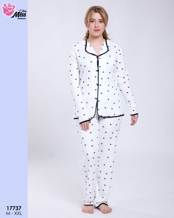 Rose Miss Pyjama chemise imprimé cœurs – Réf 17737 – Blanc cœurs noirs
