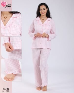 Rose Miss Pyjama chemise vichy à volants – Réf 17738 – Rose