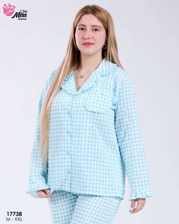 Rose Miss Pyjama chemise vichy à volants – Réf 17738 – Turquoise