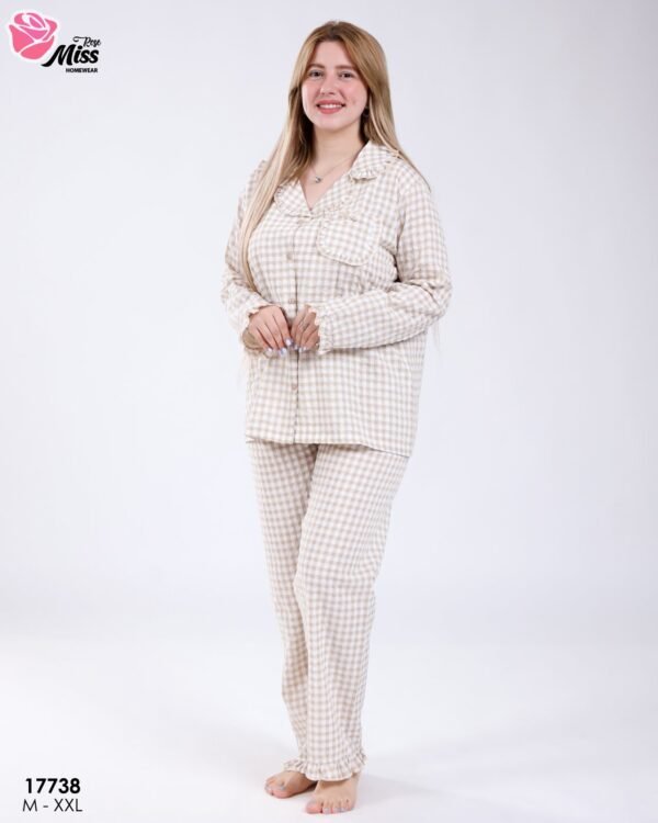 Rose Miss Pyjama chemise vichy à volants – Réf 17738 – Beige