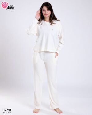 Rose Miss Pyjama côtelé col rond – Réf 17741 – Écru