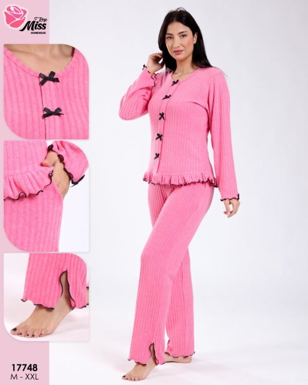 Rose Miss Pyjama côtelé à volants nœuds – Réf 17748 – Rose
