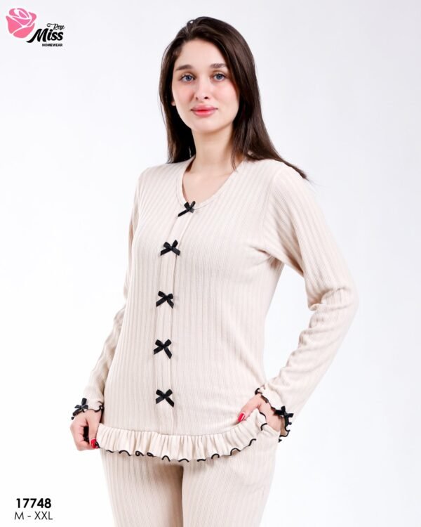 Rose Miss Pyjama côtelé à volants nœuds – Réf 17748 – Beige