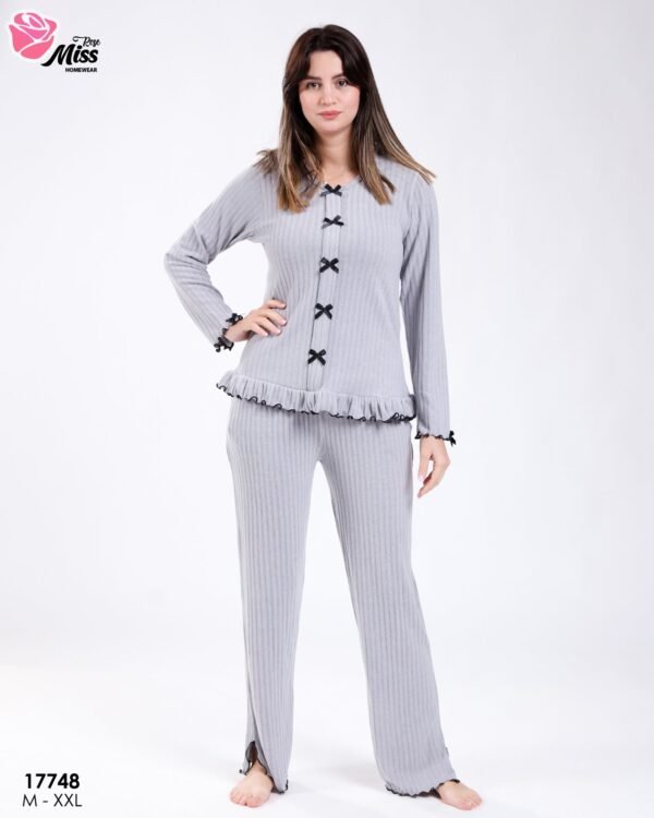 Rose Miss Pyjama côtelé à volants nœuds – Réf 17748 – Gris