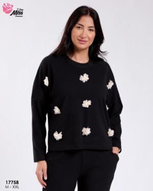 Rose Miss Pyjama côtelé fleurs 3D – Réf 17758 – Noir