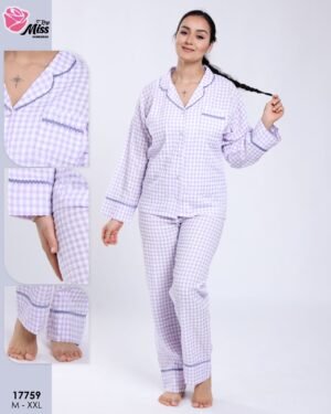 Rose Miss Pyjama chemise vichy gaufré – Réf 17759 – Lilas