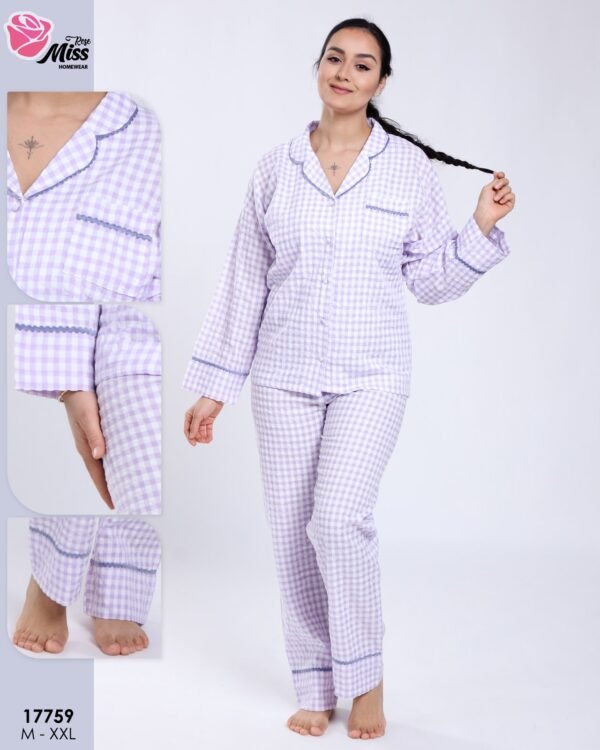 Rose Miss Pyjama chemise vichy gaufré – Réf 17759 – Lilas