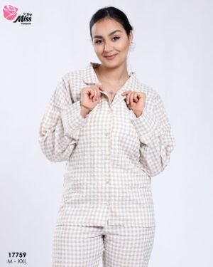 Rose Miss Pyjama chemise vichy gaufré – Réf 17759 – Beige