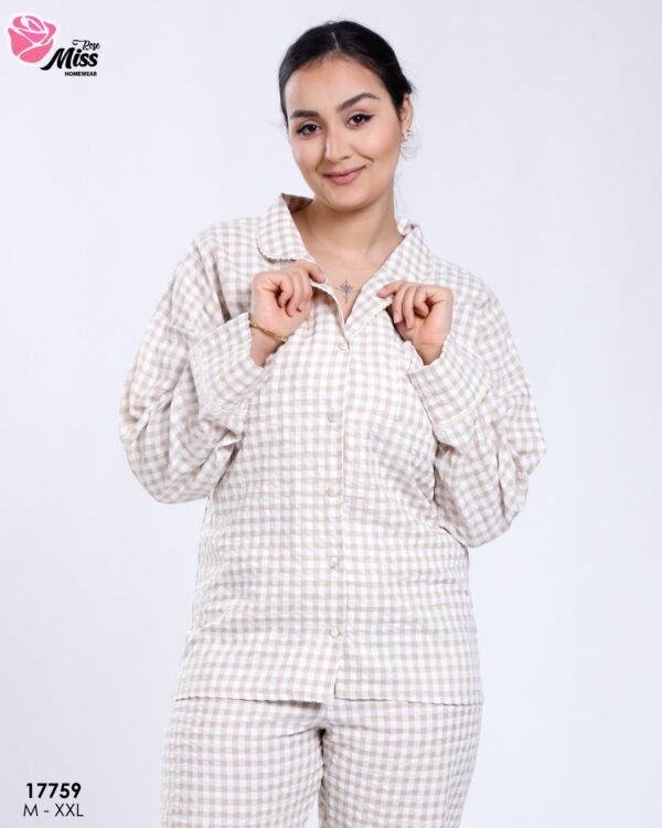 Rose Miss Pyjama chemise vichy gaufré – Réf 17759 – Beige