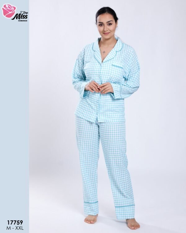 Rose Miss Pyjama chemise vichy gaufré – Réf 17759 – Turquoise