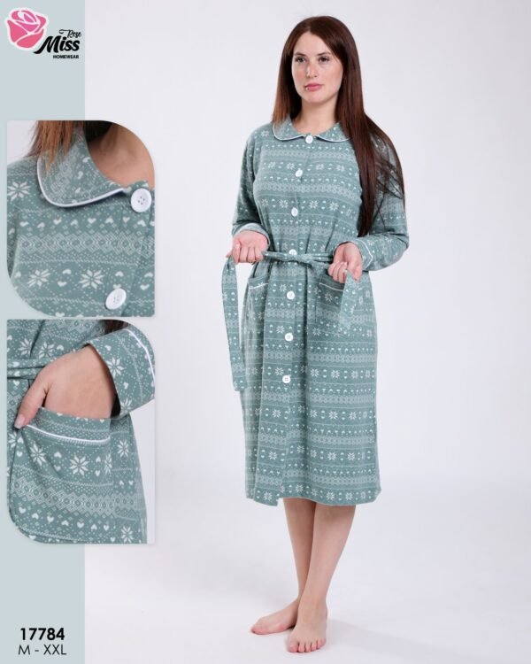 Rose Miss Robe de chambre boutonnée jacquard – Réf 17784 – Vert sauge
