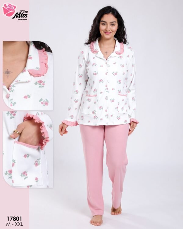 Rose Miss Pyjama chemise imprimé roses – Réf 17801 – Écru et rose