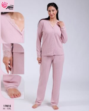 Rose Miss Pyjama côtelé boutonné dentelle – Réf 17815 – Vieux rose