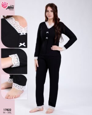 Rose Miss Pyjama côtelé dentelle nœuds – Réf 17822 – Noir