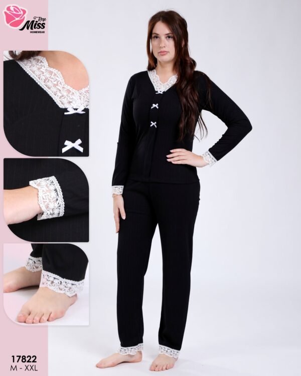 Rose Miss Pyjama côtelé dentelle nœuds – Réf 17822 – Noir