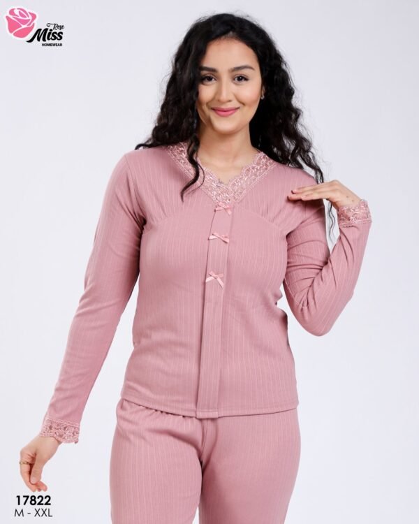 Rose Miss Pyjama côtelé dentelle nœuds – Réf 17822 – Vieux rose