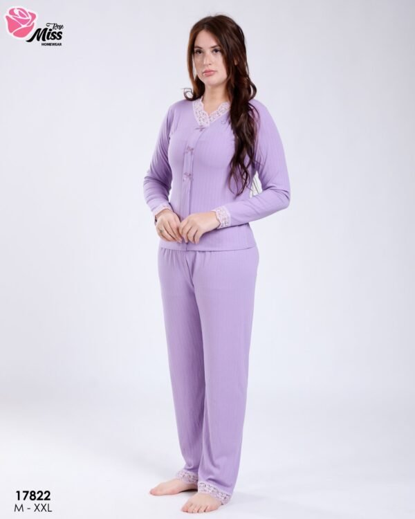 Rose Miss Pyjama côtelé dentelle nœuds – Réf 17822 – Lilas